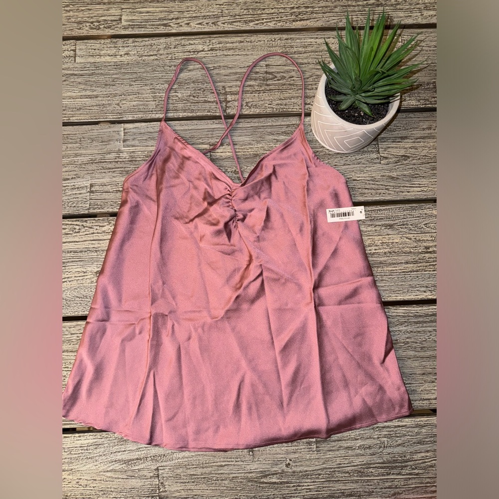 Women’s Silky Open Back Crisscross Tie Up Mauve Blouse Camisole Tank, Sz MED